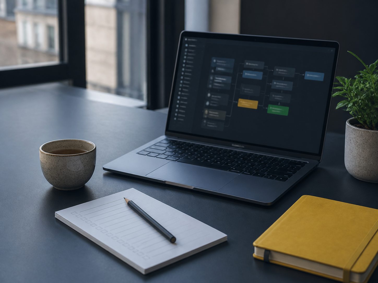 organised desk with laptop and workflow materials