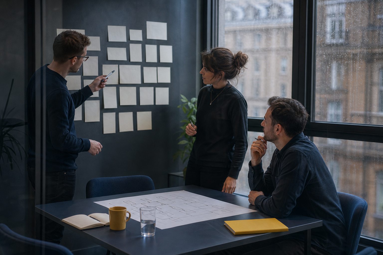 colleagues discussing a process in a glass meeting room