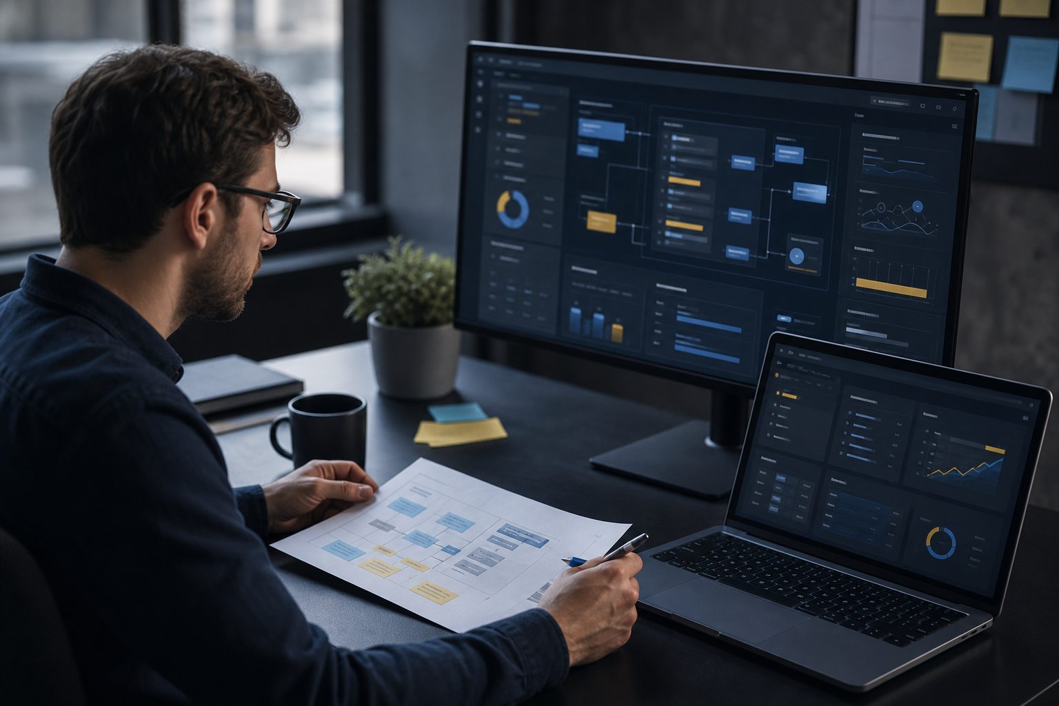 analyst reviewing abstract dashboard panels at a workstation