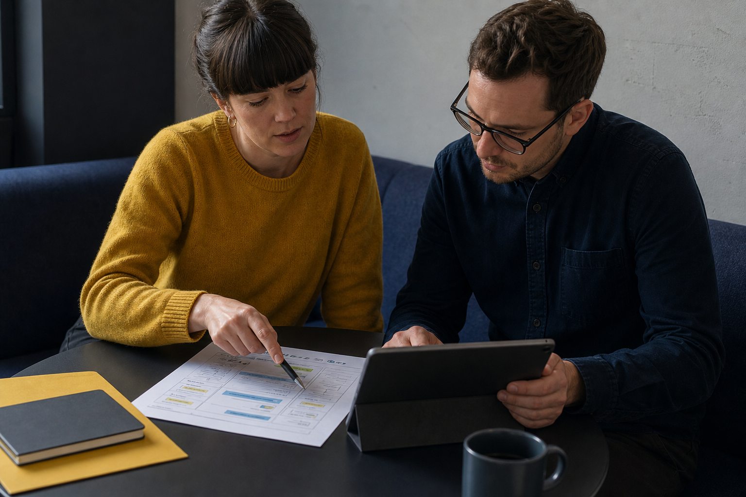 specialists checking an interface audit at a table